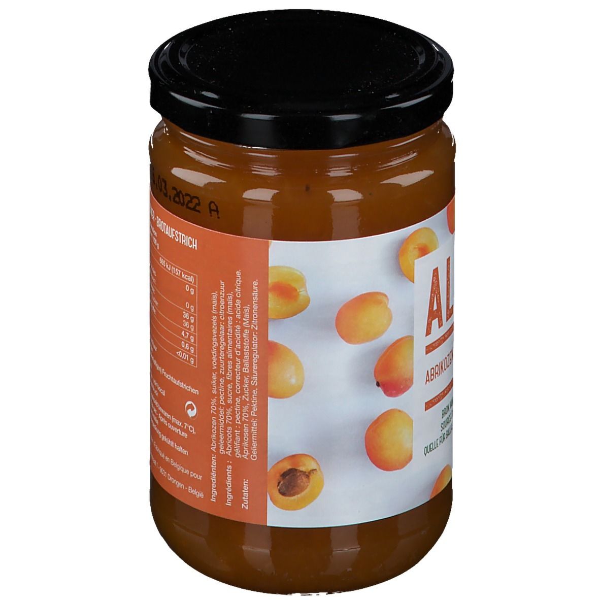 Dos d'un pot de confiture d'abricots Allsan. Étiquette avec informations nutritionnelles et liste des ingrédients.