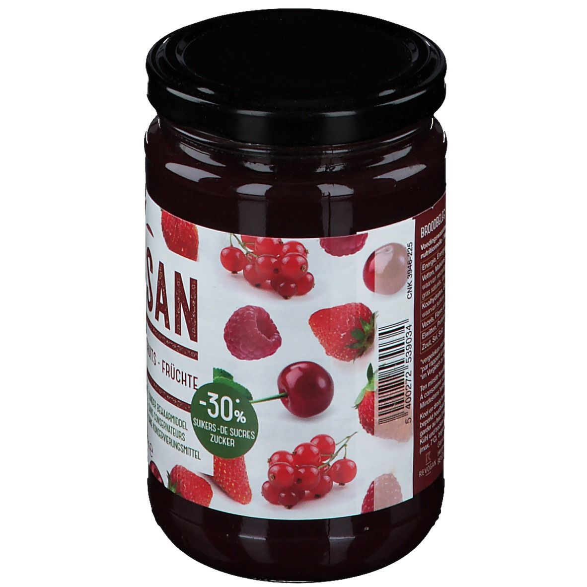 Pot de confiture ALLSAN 4 fruits. Couvercle noir. Étiquette avec fruits et texte. -30% de sucre.