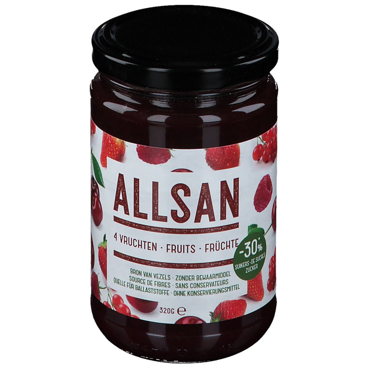 Pot de confiture ALLSAN 4 fruits. Couvercle noir. Étiquette avec fruits et texte. -30% de sucre.