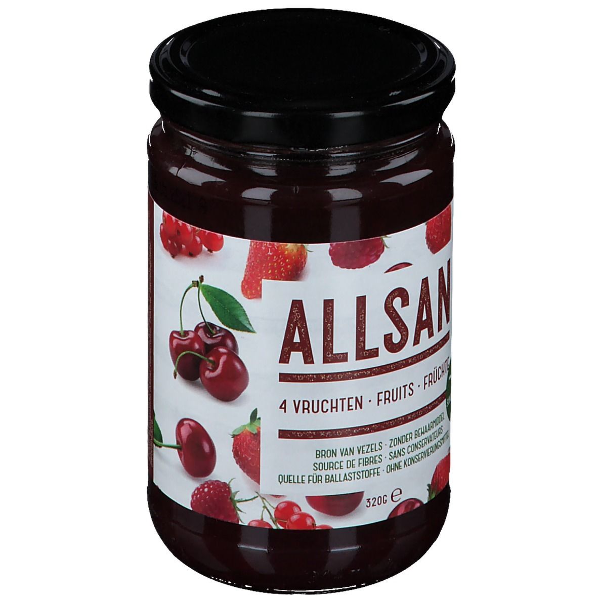 Pot de confiture ALLSAN 4 fruits. Couvercle noir. Étiquette avec fruits et texte. 520g.