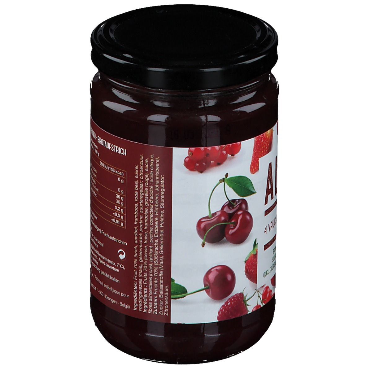 Dos d'un pot de confiture ALLSAN. Liste des ingrédients et texte sur l'étiquette.
