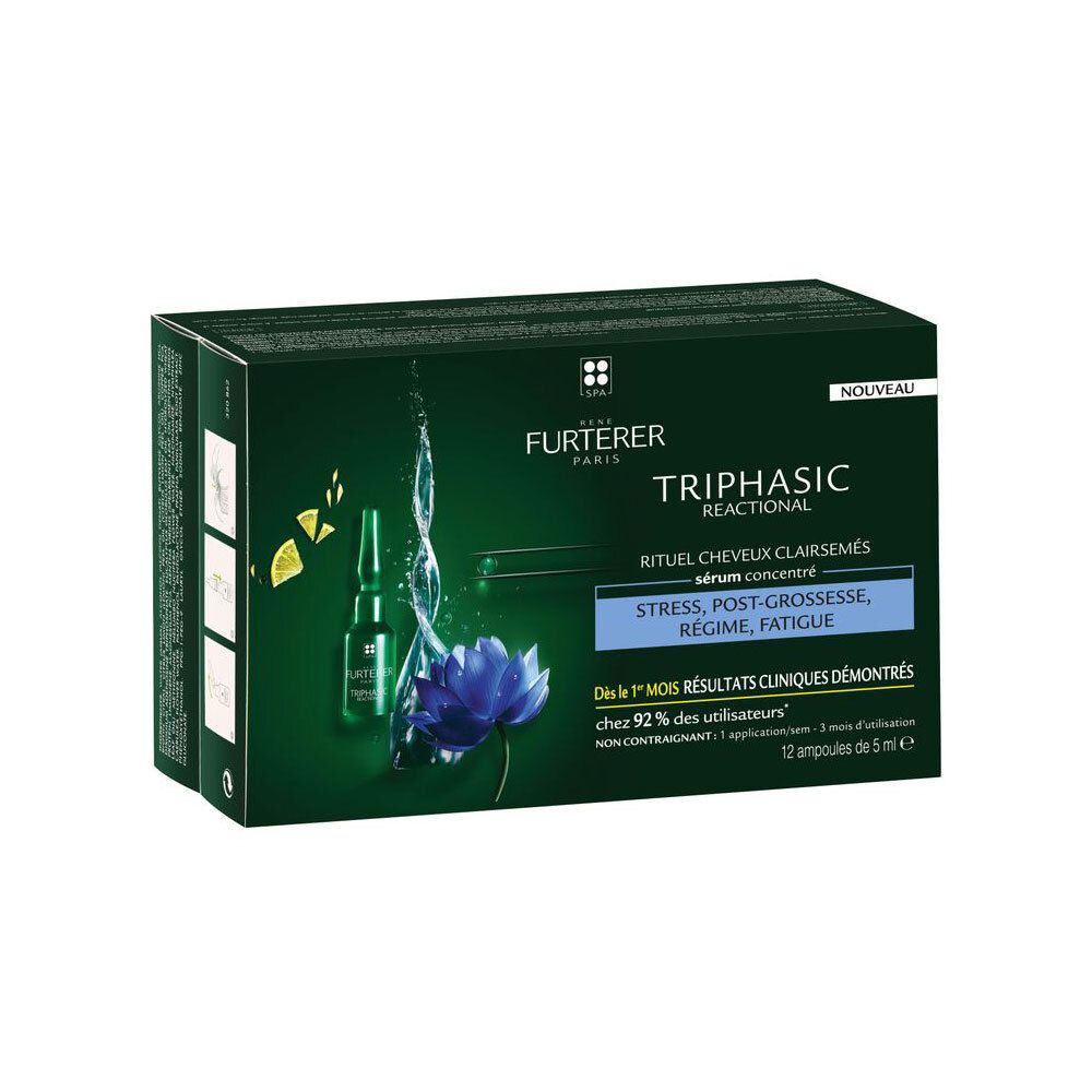 Boîte de Triphasic Reactional. Contient 12 ampoules. Inscription : Stress, post-partum, régime, fatigue.