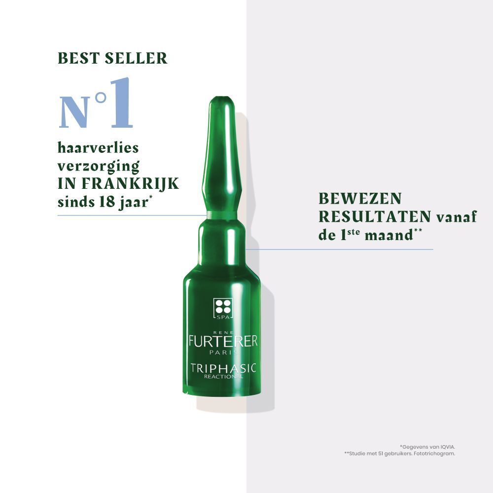 Groene ampul. Opschrift: Furterer Triphasic Reactional. Tekst: Haaruitvalverzorging in Frankrijk sinds 18 jaar.