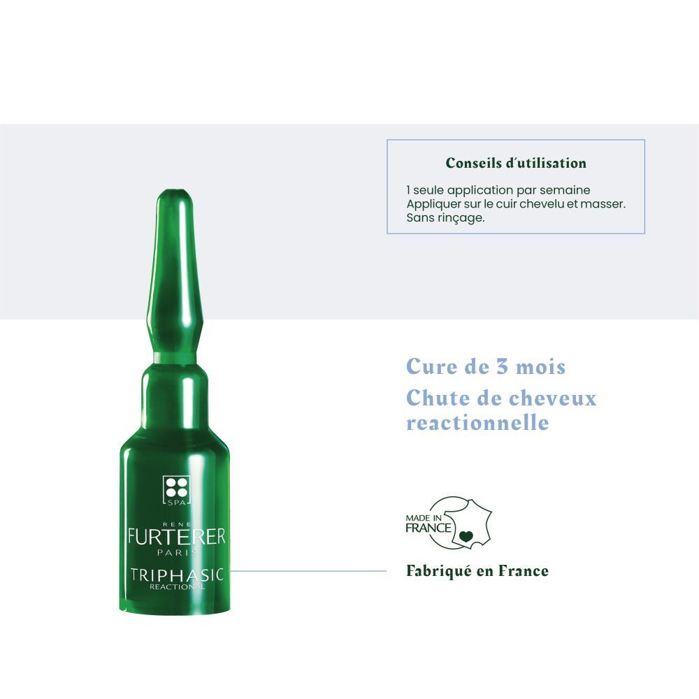 Ampoule verte. Inscription : Furterer Triphasic Reactional. Texte : Cure de 3 mois. Chute de cheveux réactionnelle.