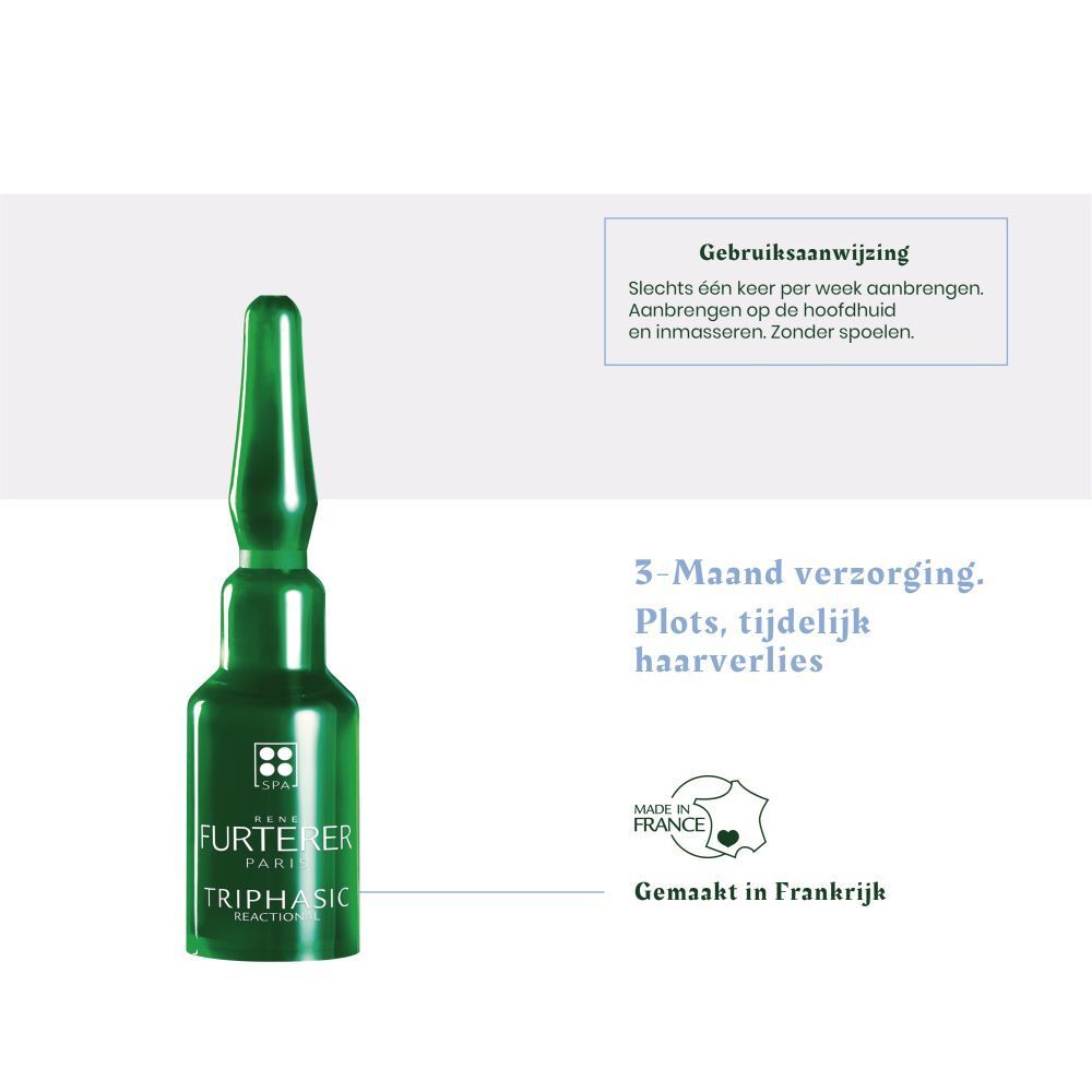 Groene ampul. Opschrift: Furterer Triphasic Reactional. Tekst: 3-maanden verzorging. Tijdelijk haarverlies.