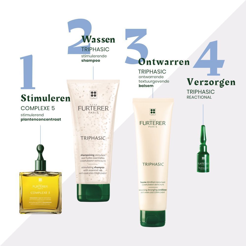 Producten: Complex 5, shampoo, conditioner, Triphasic Reactional ampul. Opschrift: Furterer Triphasic.