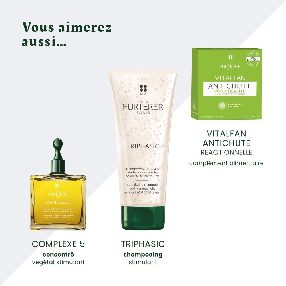Produits : Complex 5, shampooing, Vitalfan. Inscription : Furterer. Vitalfan Antichute Reactionnelle.