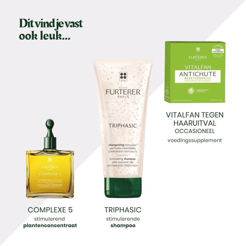 Producten: Complex 5, shampoo, Vitalfan. Opschrift: Furterer. Vitalfan tegen haaruitval occasioneel.