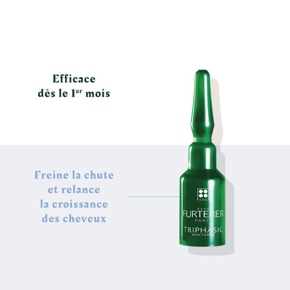 Ampoule verte. Inscription : Furterer Triphasic Reactional. Texte : Freine la chute et relance la croissance des cheveux.