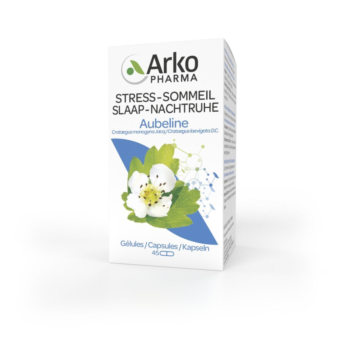 Witte doos met productinformatie. Opschrift Aubeline. Merk Arkopharma. Afbeelding van bloemen.