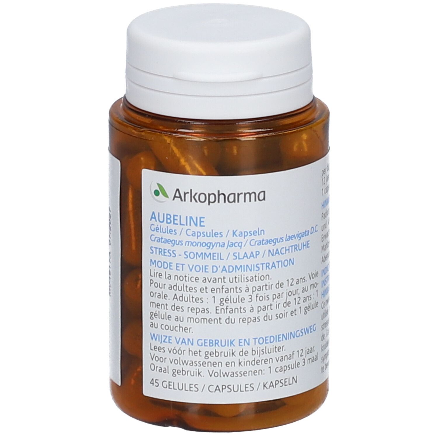 Bruine capsules in bruine plastic fles met witte dop. Etiket met productinformatie. Merk Arkopharma.