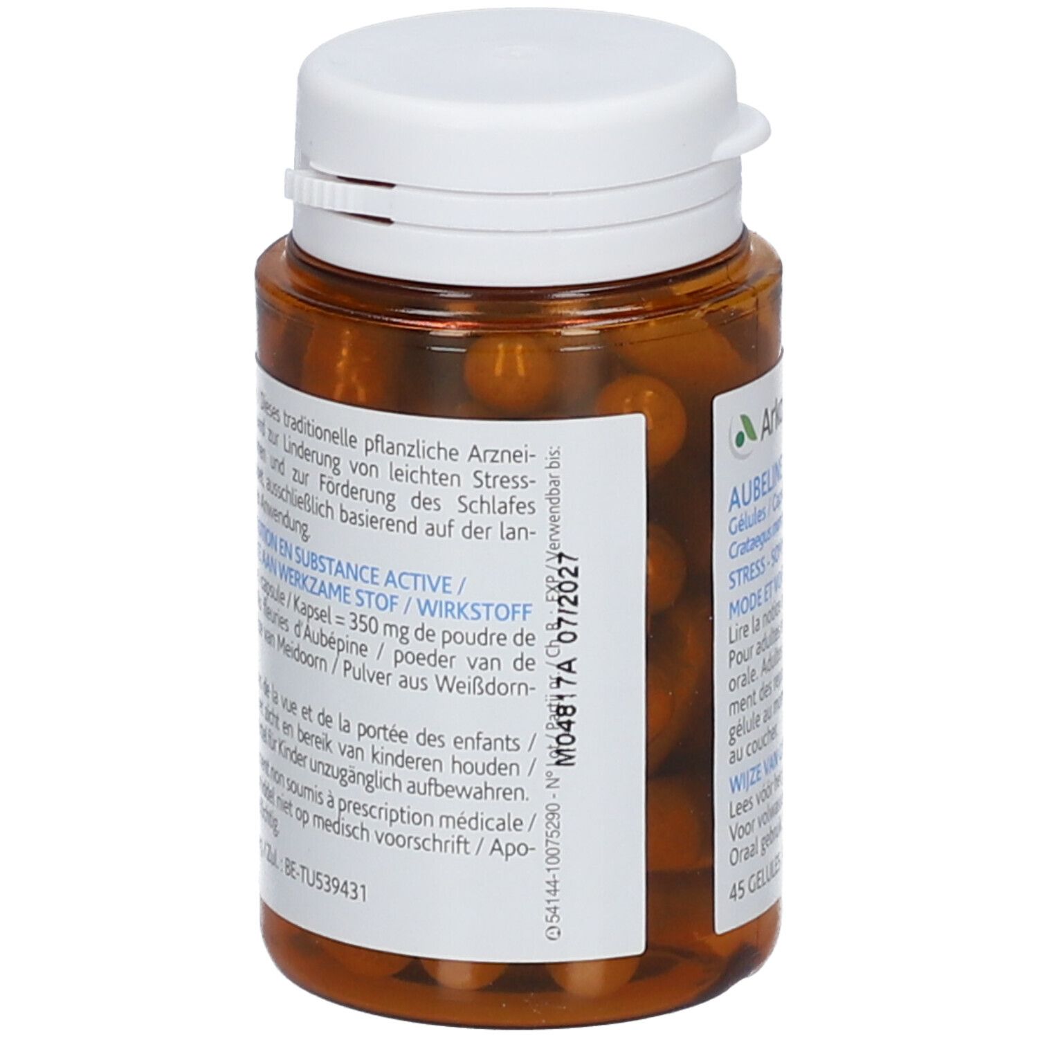 Bruine capsules in bruine plastic fles. Wit etiket met productinformatie en batchnummer. Witte dop.