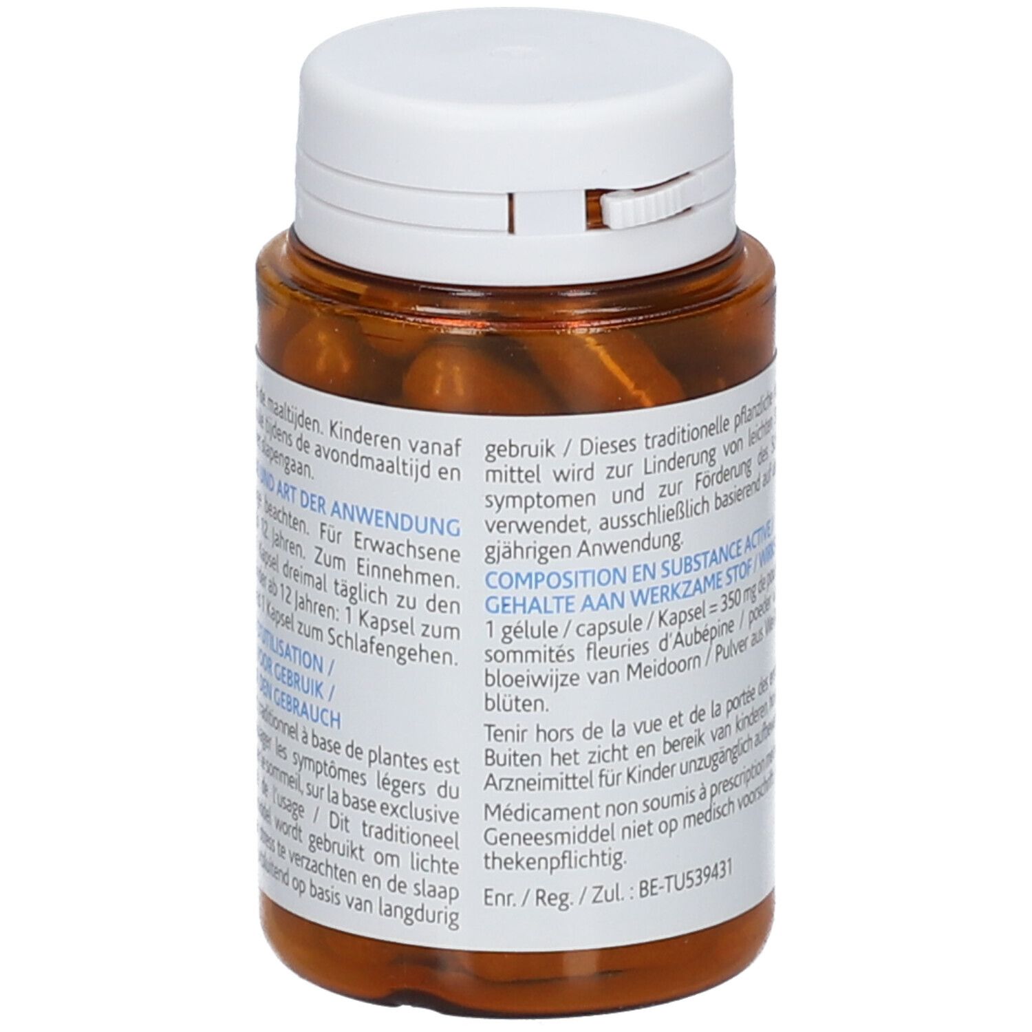 Bruine capsules in bruine plastic fles. Wit etiket met productinformatie. Witte dop. Merk Arkopharma.