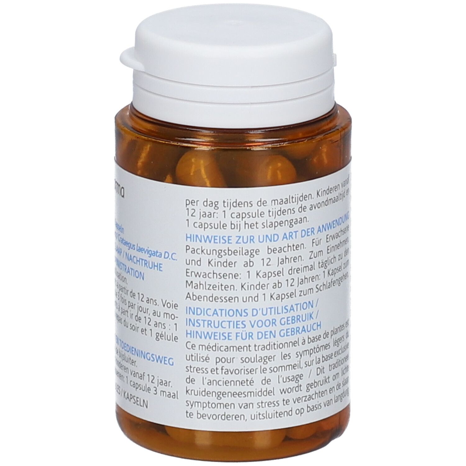 Bruine capsules in bruine plastic fles. Wit etiket met productinformatie. Witte dop. Merk Arkopharma.