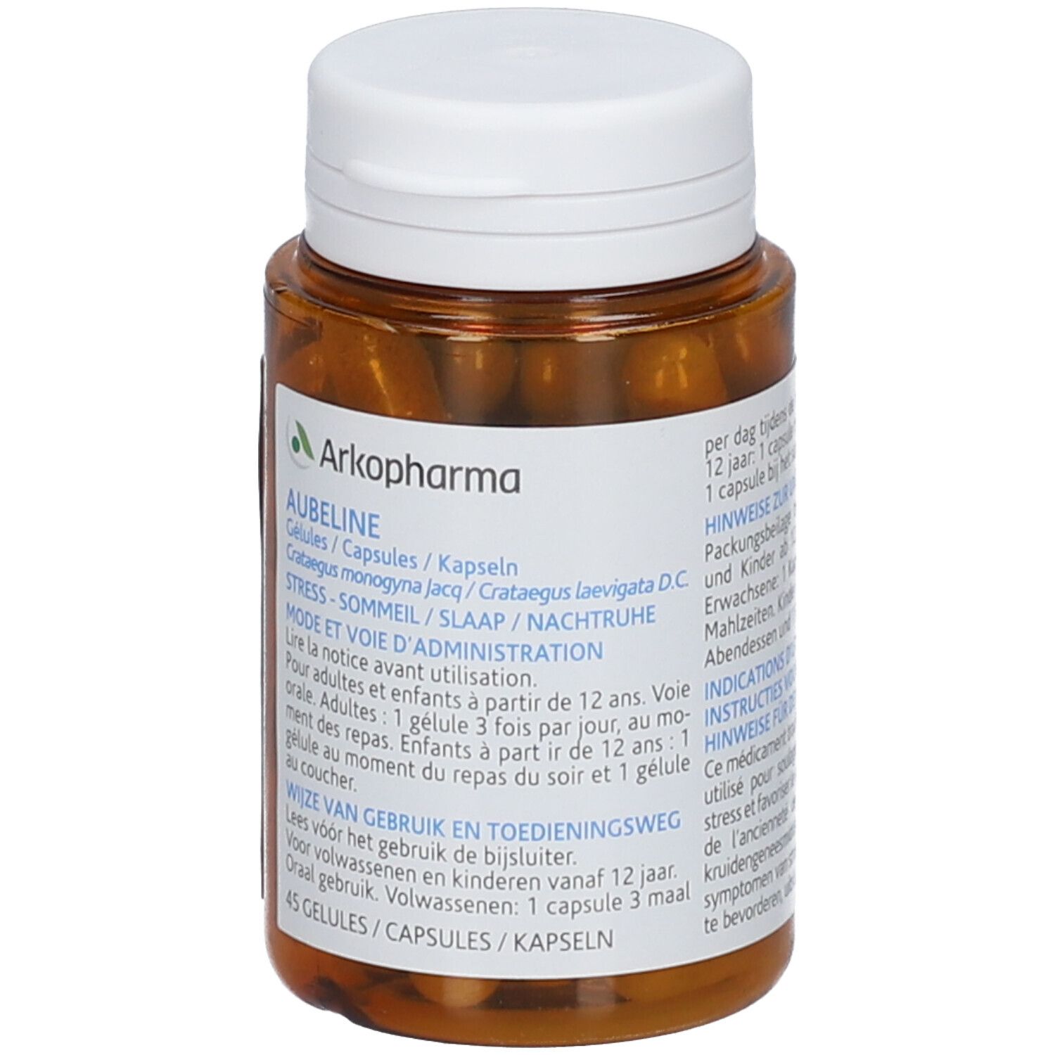 Bruine capsules in bruine plastic fles. Wit etiket met productinformatie. Witte dop. Merk Arkopharma.