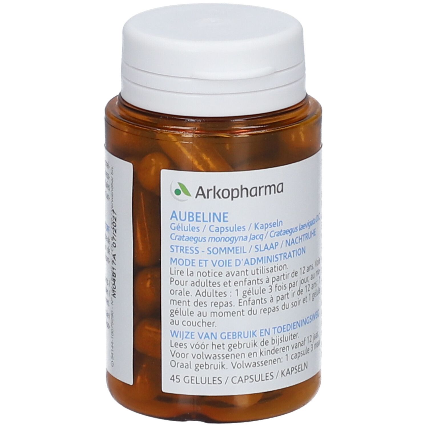 Bruine capsules in bruine plastic fles. Wit etiket met productinformatie. Witte dop. Merk Arkopharma.