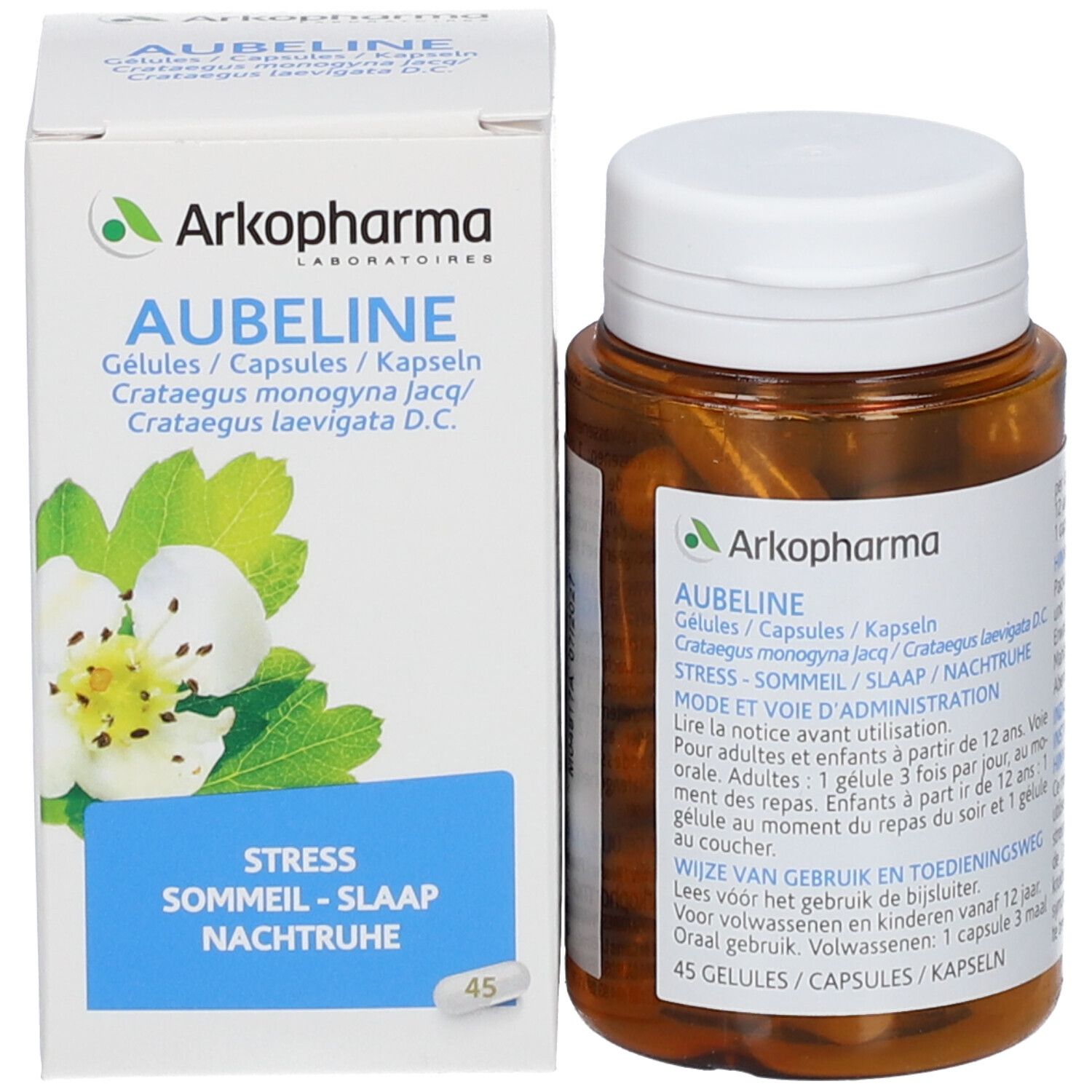 Bruine capsules in bruine fles en witte doos. Opschrift Aubeline. Merk Arkopharma. Witte bloemen.