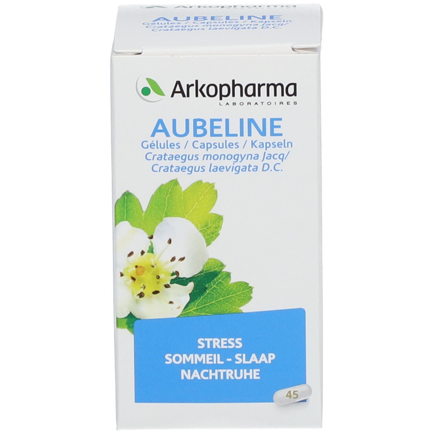 Witte doos met productinformatie. Opschrift Aubeline. Merk Arkopharma. Afbeelding van bloemen.