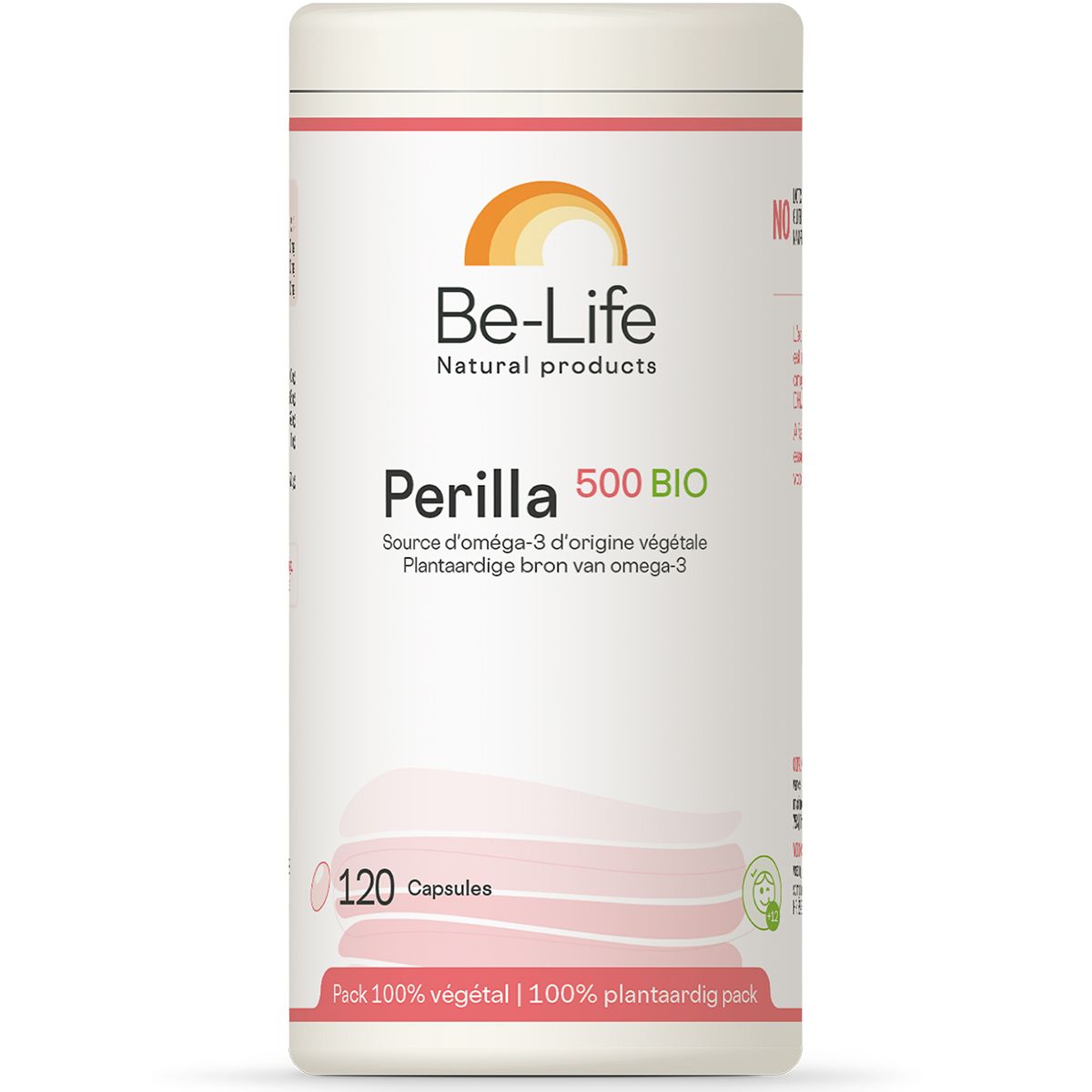 Be-Life Perilla 500 BIO. Witte pot met 120 capsules. Opschrift: Source d'oméga-3 d'origine végétale.