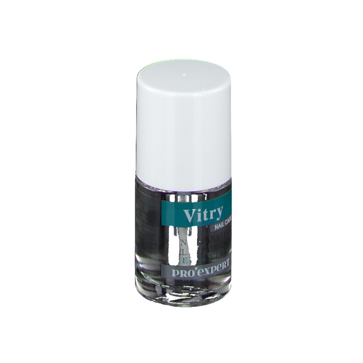 Nagellakfles met borstel. Opschrift: Vitry, Nail Care, Pro Expert. Witte dop.