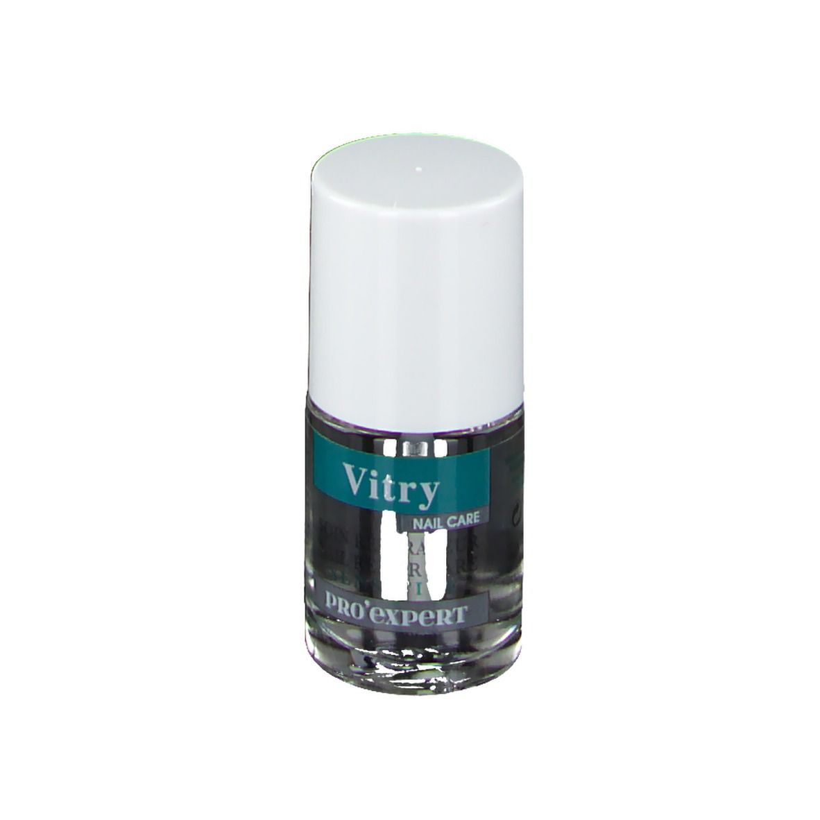 Nagellakfles met borstel. Opschrift: Vitry, Nail Care, Pro Expert. Witte dop.