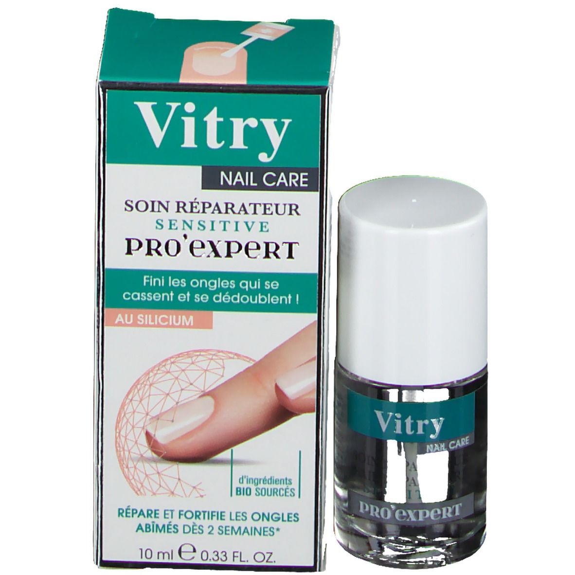 Nagellakfles en verpakking. Opschrift: Vitry, Nail Care, Pro Expert. Verpakking met afbeelding van een hand.