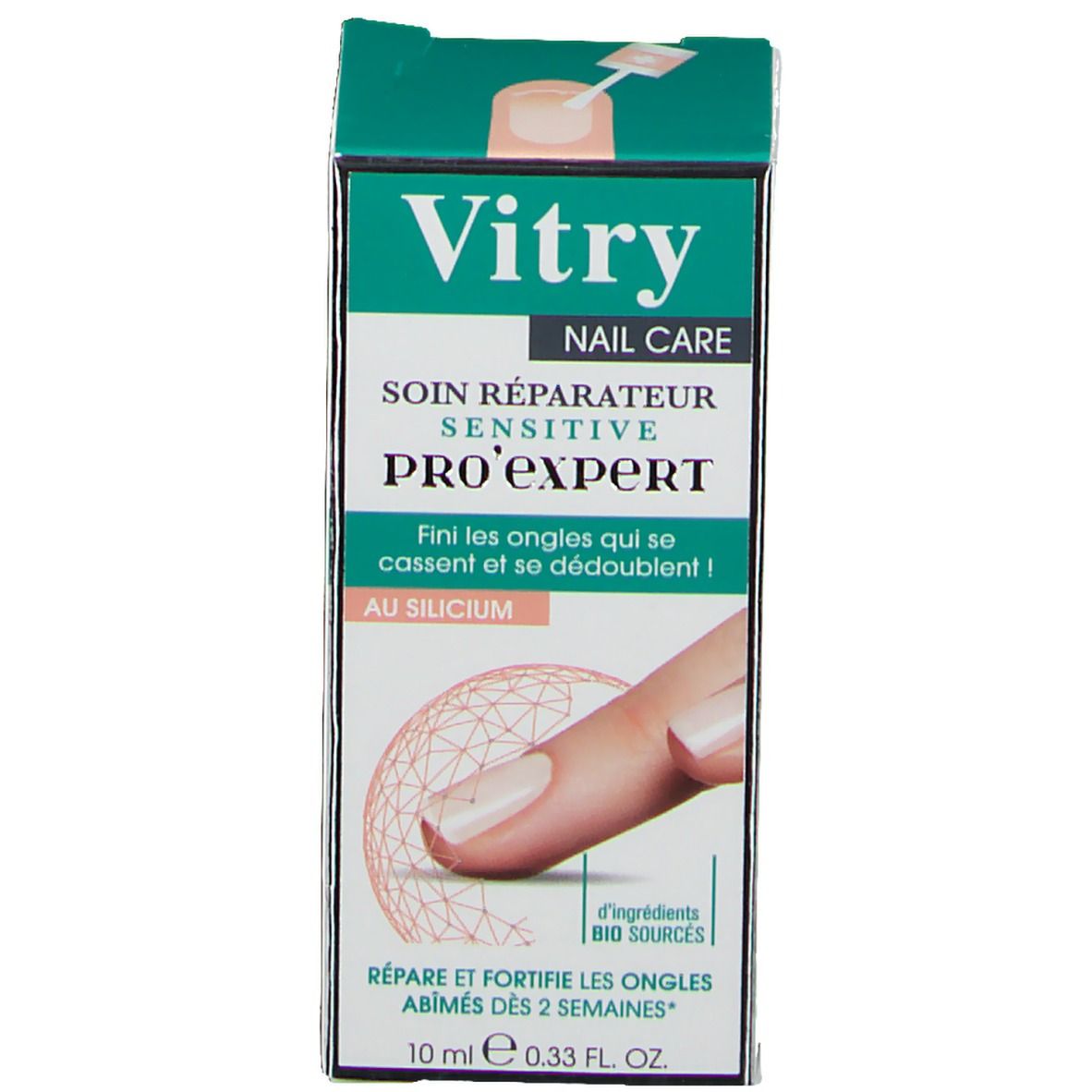 Verpakking met opschrift: Vitry, Nail Care, Pro Expert. Afbeelding van een hand. Tekst: Herstelt en versterkt nagels.