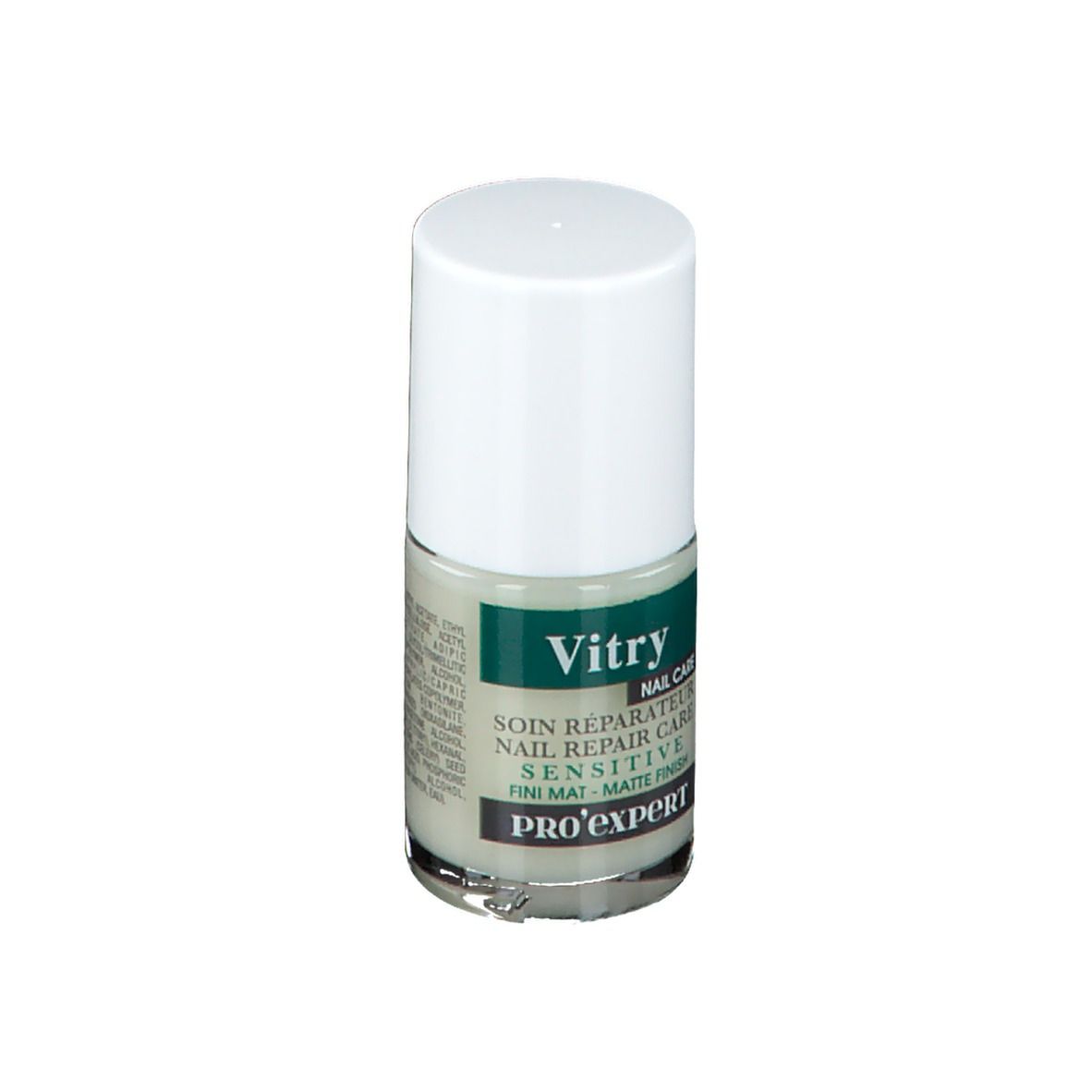 Vitry Nail Repair Care Pro Expert. Flasche mit weißem Deckel. Aufschrift: Nail Care, Sensitive, Matte Finish.