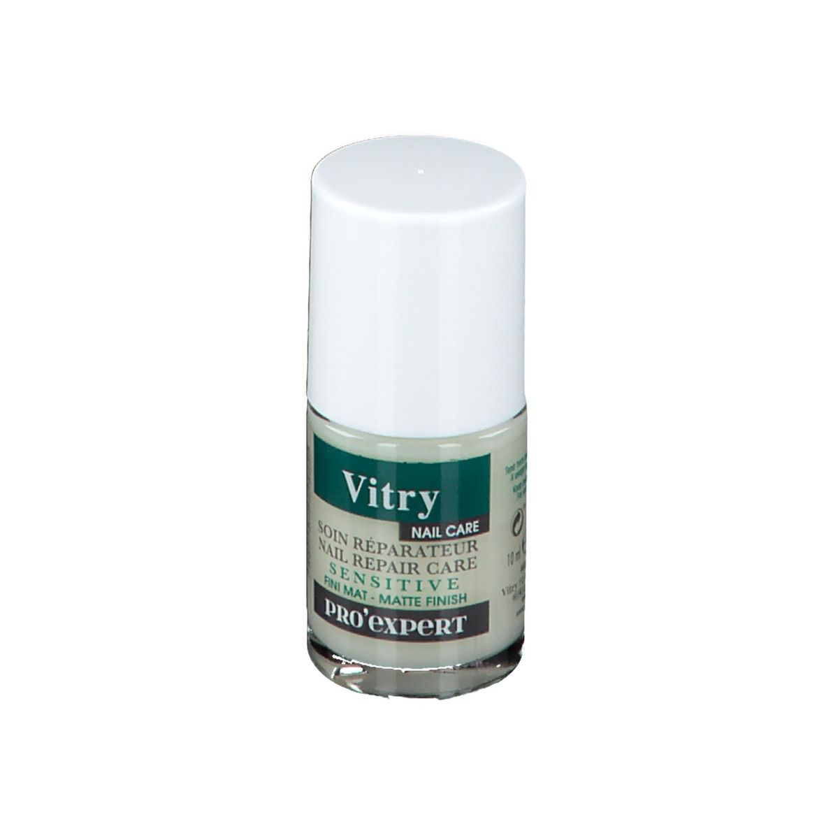 Vitry Nail Repair Care Pro Expert. Flasche mit weißem Deckel. Aufschrift: Nail Care, Sensitive, Matte Finish.