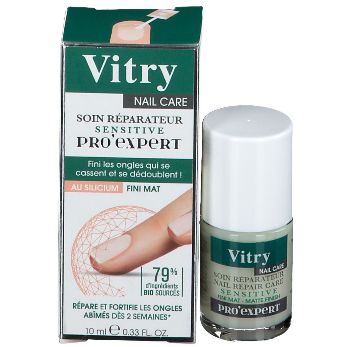 Vitry Nail Repair Care Pro Expert und Verpackung. Aufschrift: Nail Care, Sensitive, Fini Mat. 10 ml.