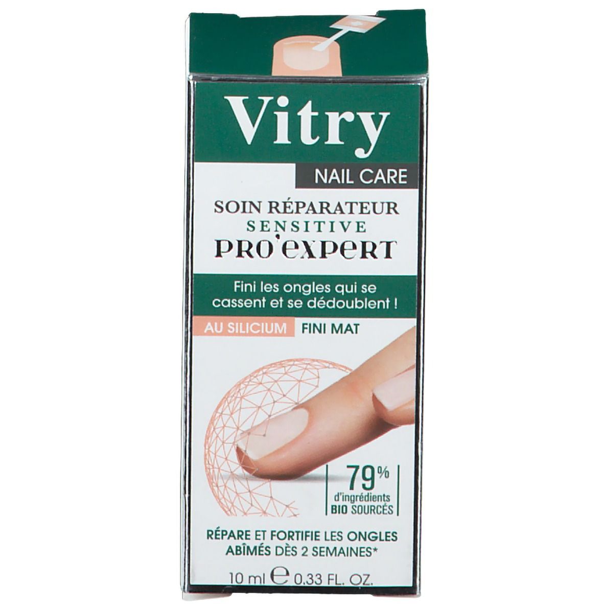 Vitry Nail Repair Care Pro Expert und Verpackung. Aufschrift: Nail Care, Sensitive, Fini Mat. 10 ml.