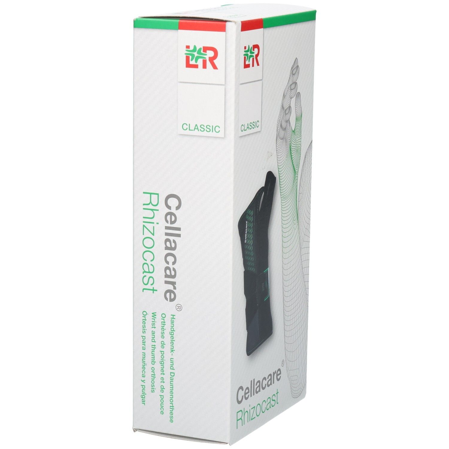 Verpackung der L&R Cellacare Rhizocast Handgelenk-Daumenorthese. Zeigt eine schwarze Orthese und eine schematische Hand.