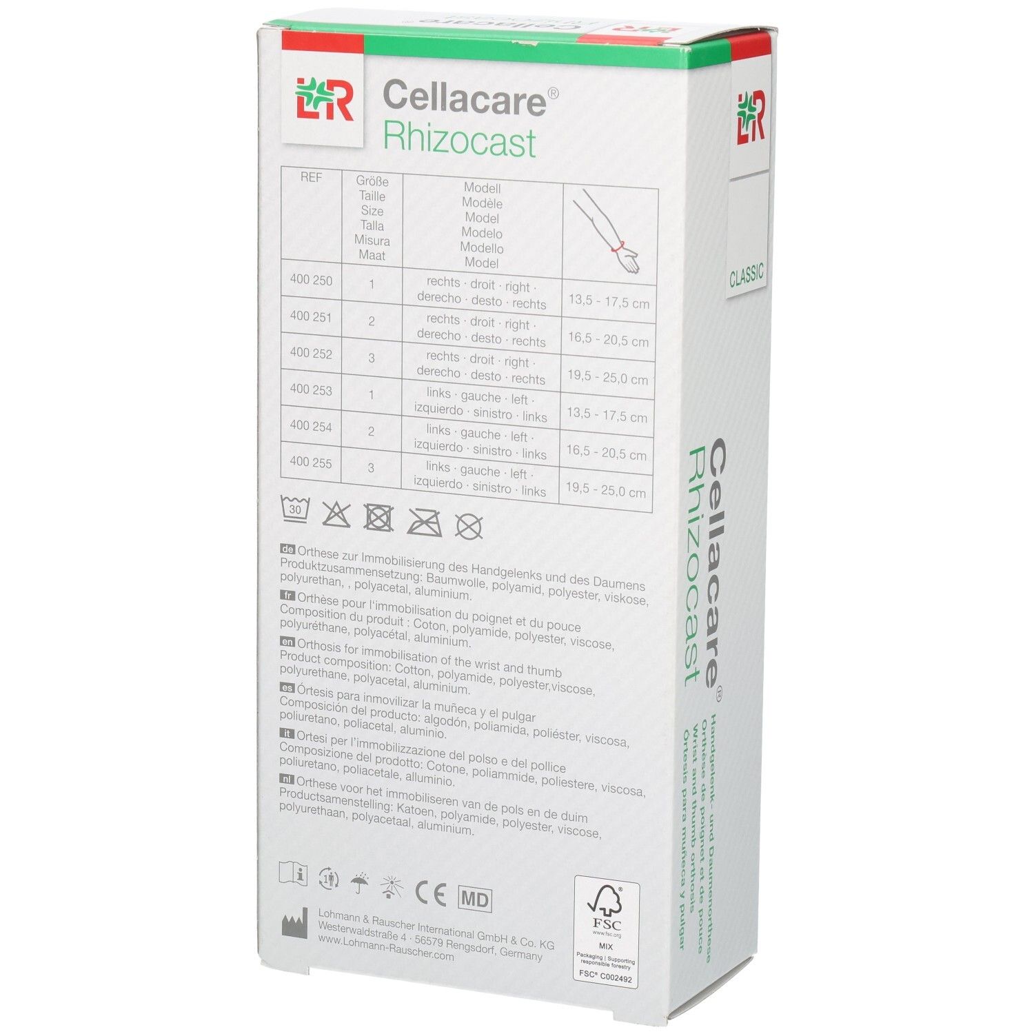 Rückseite der Verpackung der L&R Cellacare Rhizocast Handgelenk-Daumenorthese mit Größentabelle und Materialinformationen.