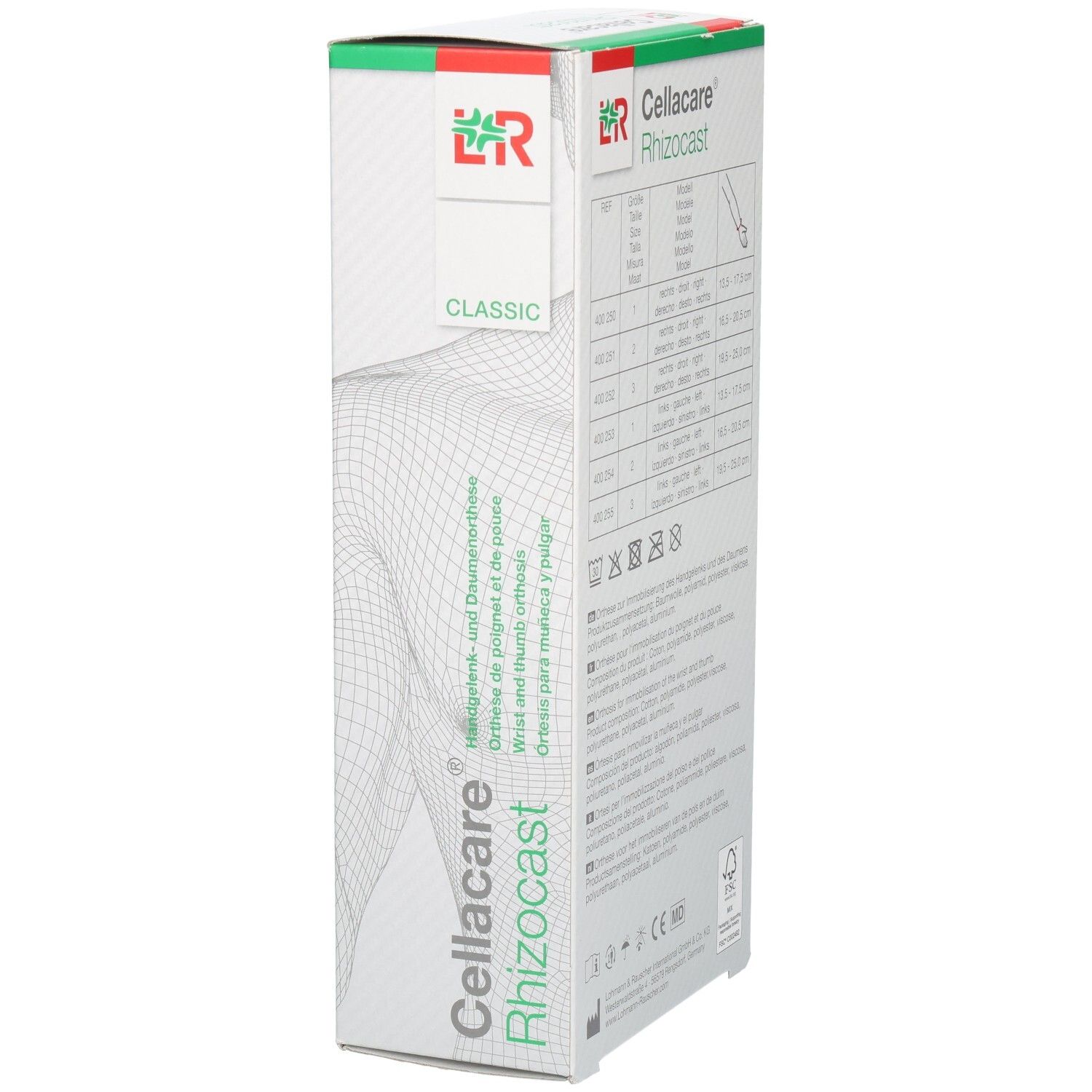 Seitenansicht der Verpackung der L&R Cellacare Rhizocast Handgelenk-Daumenorthese mit Produktnamen und schematischer Darstellung.