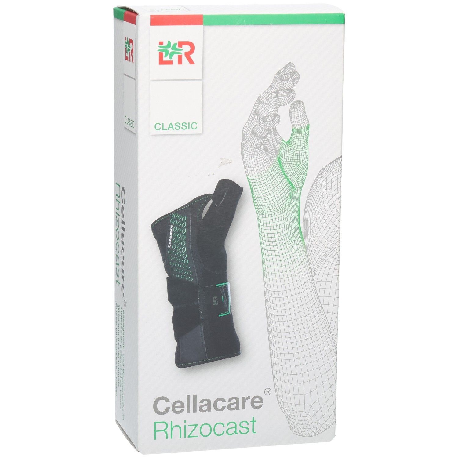 Vorderseite der Verpackung der L&R Cellacare Rhizocast Handgelenk-Daumenorthese. Zeigt eine schwarze Orthese und eine schematische Hand.