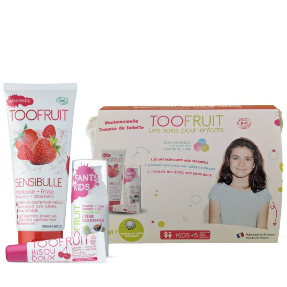 TOOFRUIT Madmoiselle Set. Cadeauset met diverse producten. Bevat een tube, een flesje, een lippenbalsem en een doos.