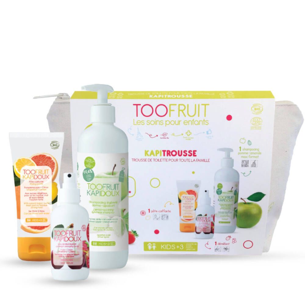 Set met diverse verzorgingsproducten. Bevat flessen, tubes en een tas. Bedrukking met productnamen en logo's.