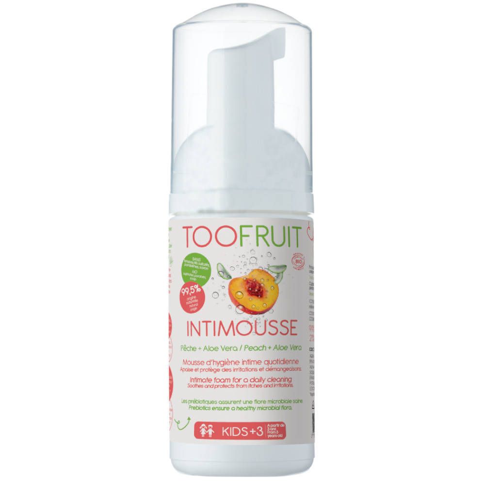 Flacon blanc TOOFRUIT Intimousse avec pompe et capuchon transparent. Étiquette avec illustration de pêche et texte.