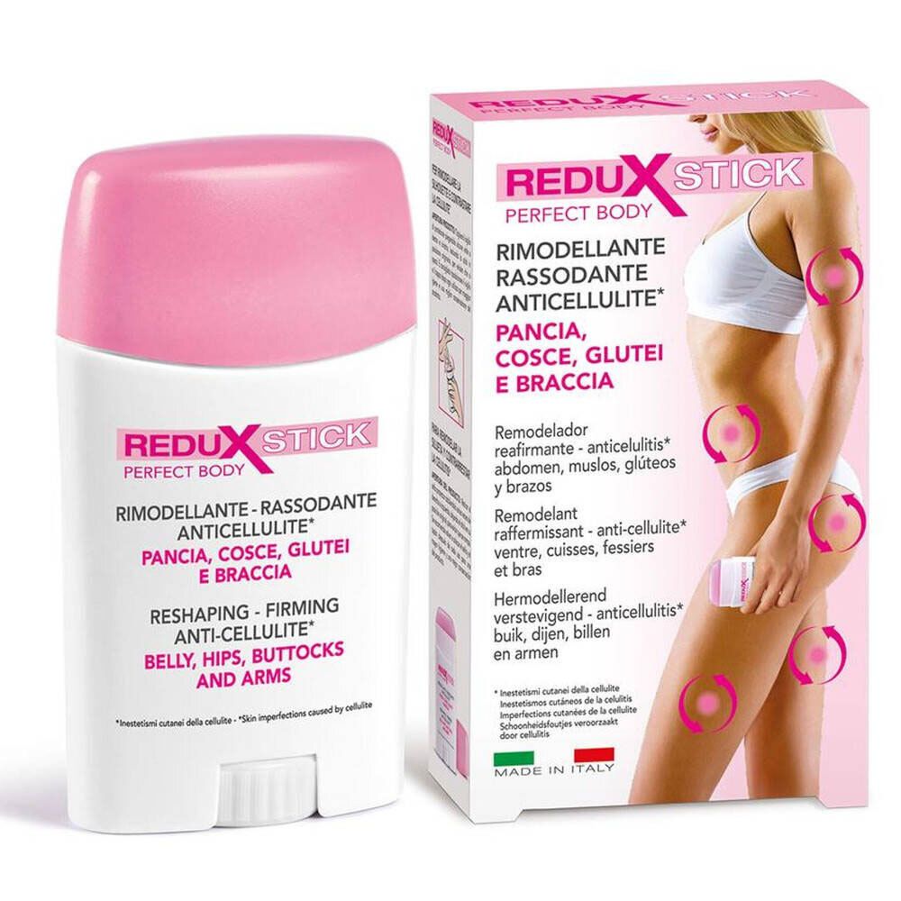 Witte stick met roze dop en verpakking. Opschrift: ReduX Stick. Tekst in het Italiaans en Engels. Anti-cellulite.