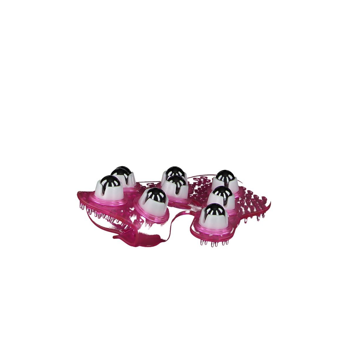 Appareil de massage à 9 billes sur socle rose. Billes argentées, socle à picots. Produit de bien-être.