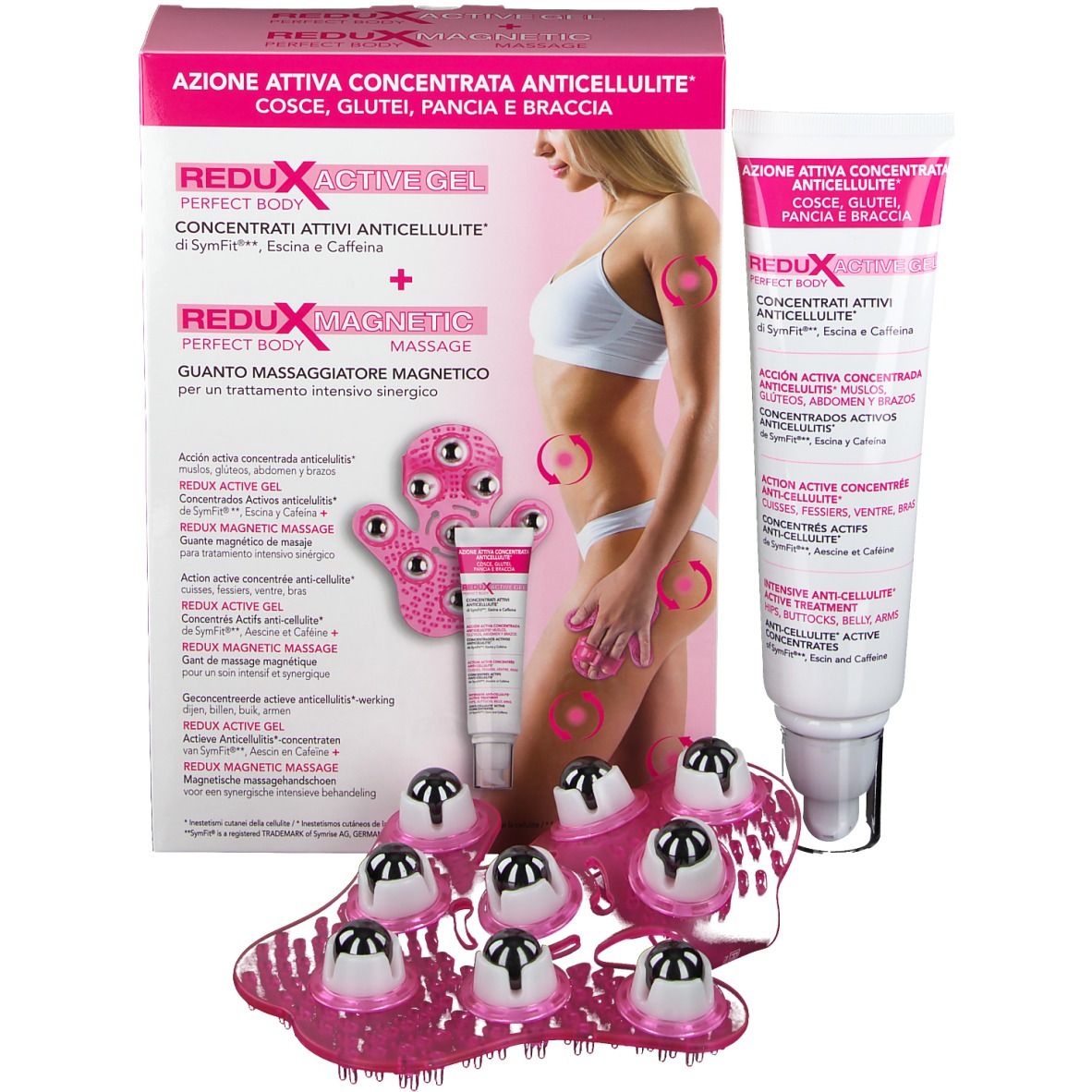 Emballage avec produit ReduX Aktives Gel + ReduX Magnetic Massage. Femme montre l'utilisation. Tube et masseur.
