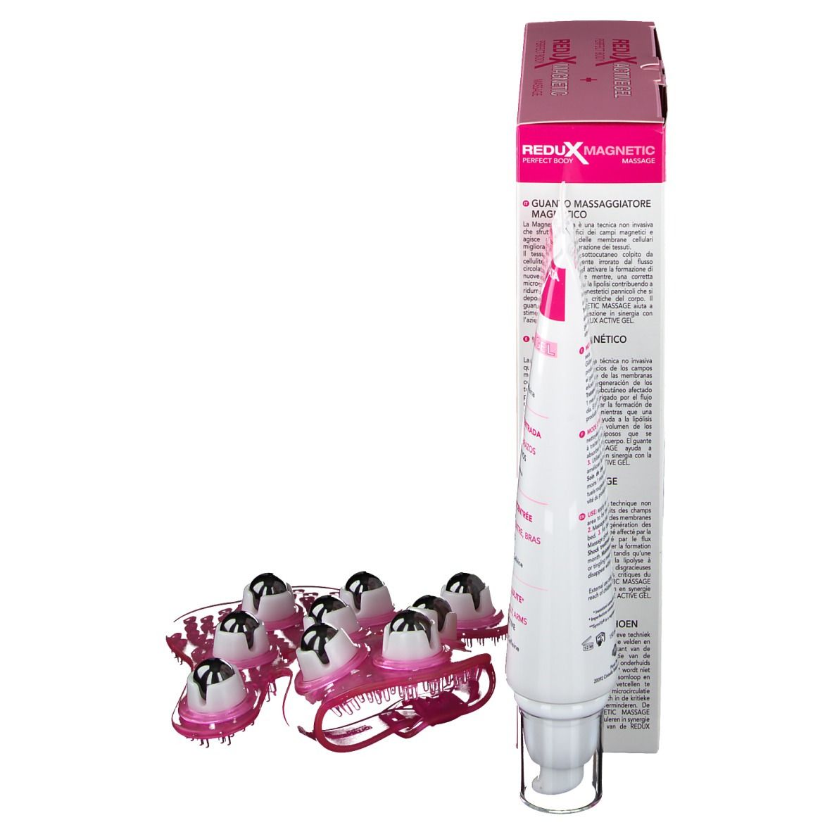 Produit ReduX Aktives Gel + ReduX Magnetic Massage. Tube et masseur. Emballage en arrière-plan.