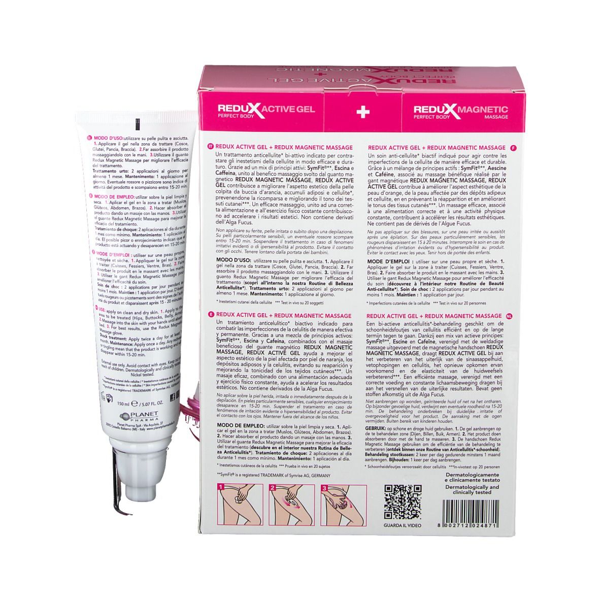 Dos de l'emballage du produit ReduX Aktives Gel + ReduX Magnetic Massage. Texte en plusieurs langues.