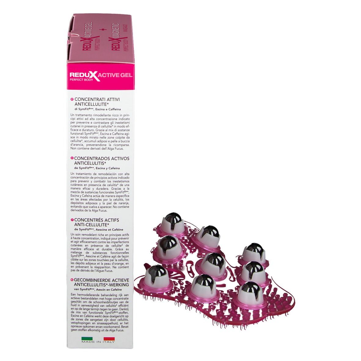 Produit ReduX Aktives Gel. Tube et masseur. Emballage avec texte. Produit de bien-être.