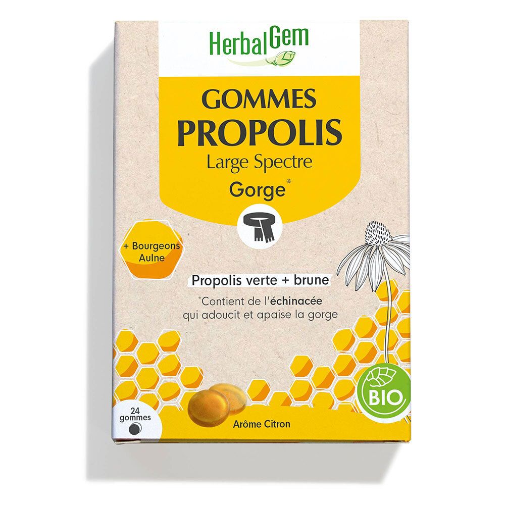 Boîte de gommes Propolis HerbalGem. Emballage jaune avec nom du produit et label Bio. 24 gommes, goût citron.