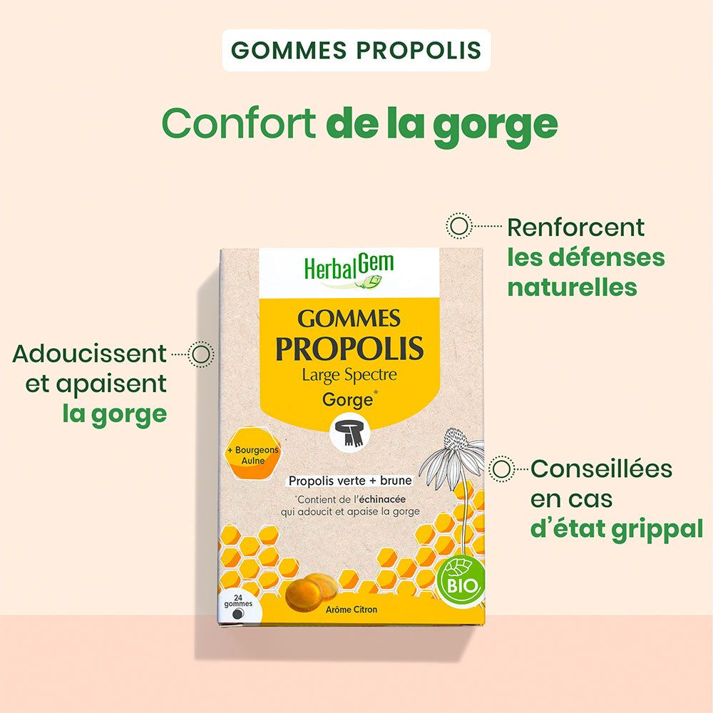 Graphique avec emballage et texte. Décrit les avantages : adoucit, renforce les défenses, recommandé en cas de grippe.