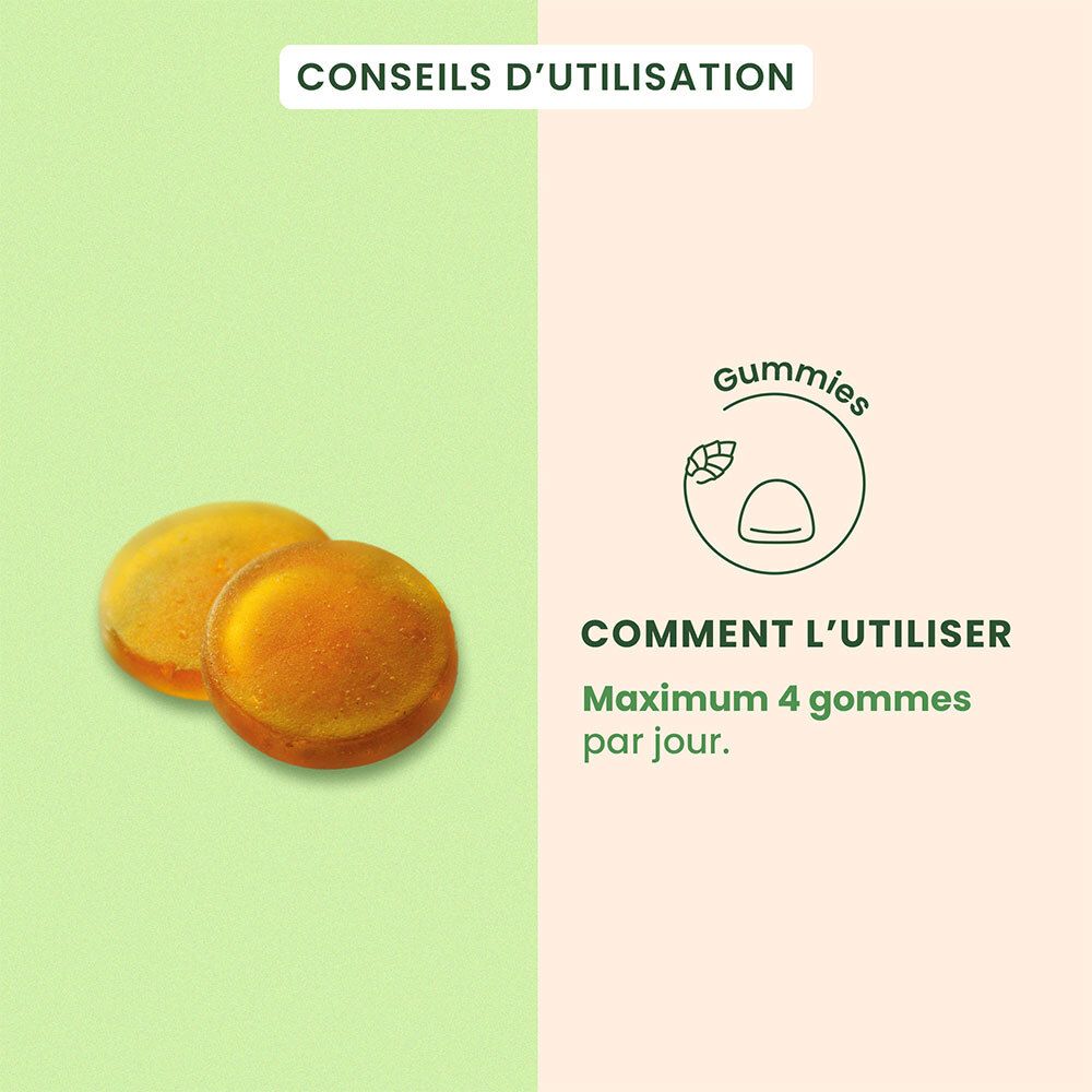 Deux gommes jaunes sur fond vert. Texte : Utilisation : maximum 4 gommes par jour.