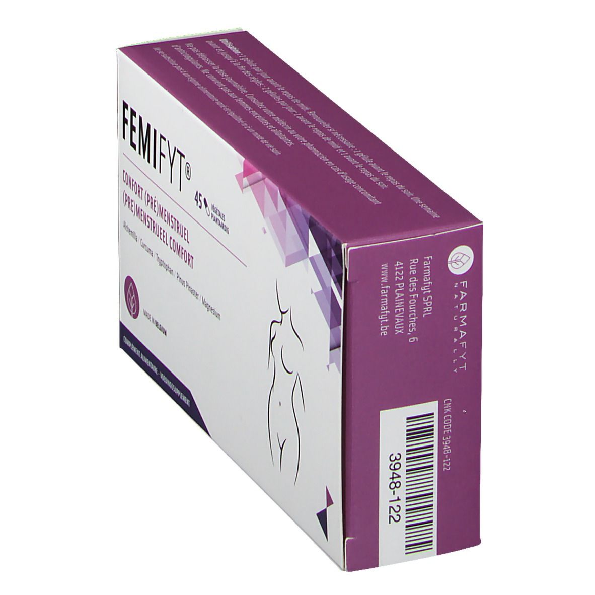 Boîte Femifyt en biais, violet et blanc. Inscription: Femifyt, 'Confort (Pré)menstruel'. Code-barres et adresse du fabricant.