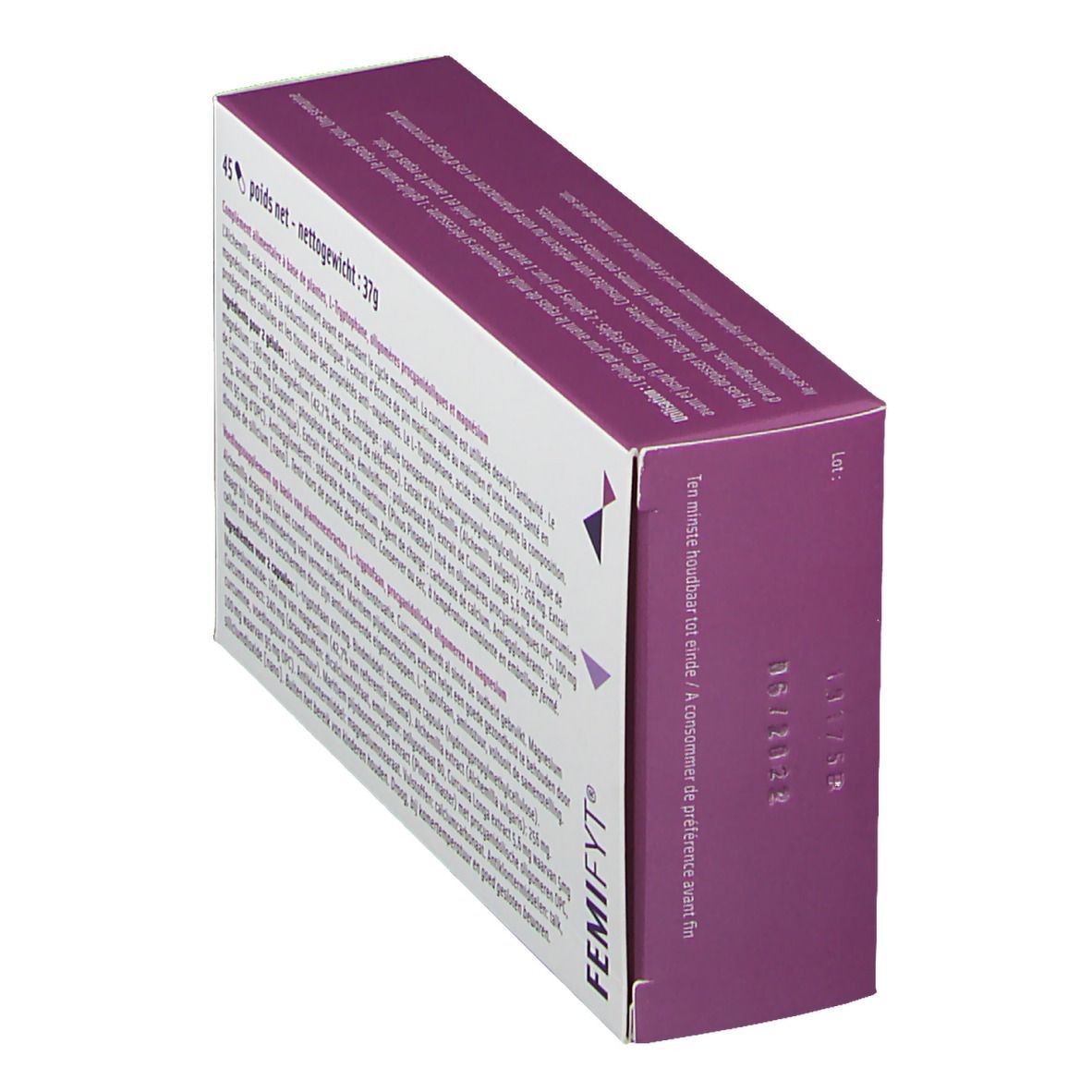 Boîte Femifyt en biais, dos avec ingrédients, poids 37g. Texte en français et néerlandais.