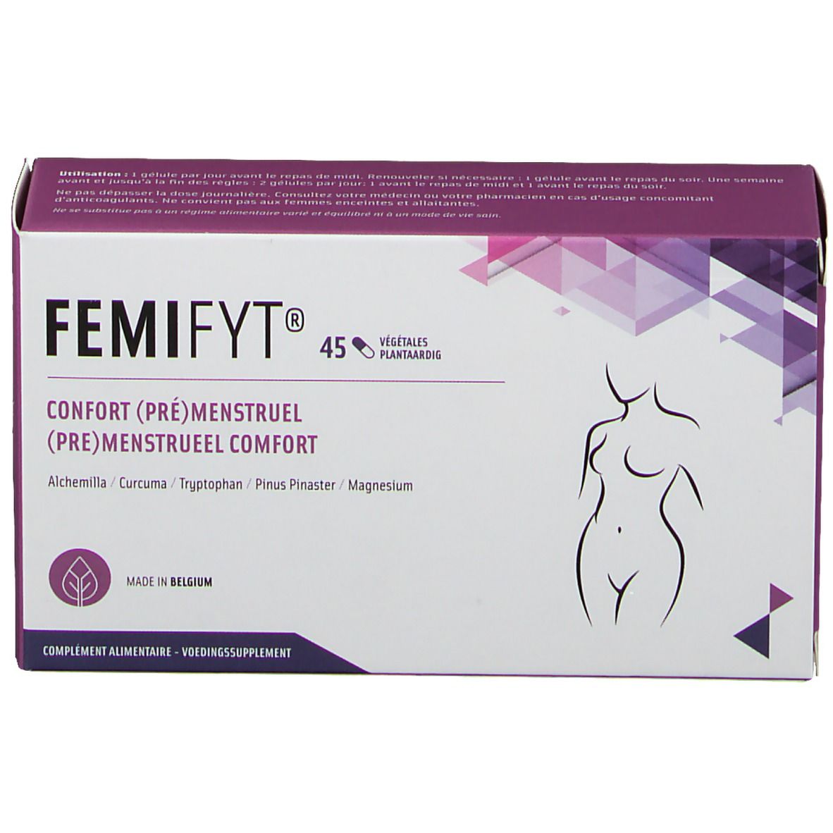 Boîte Femifyt, violet et blanc. Inscription: 'Confort (Pré)menstruel', 45 gélules, ingrédients. Silhouette féminine.